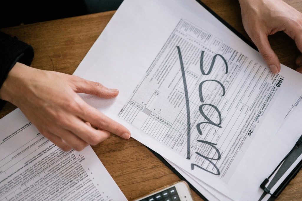 Paper with the word scam written on it