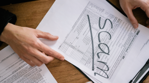 Paper with the word scam written on it