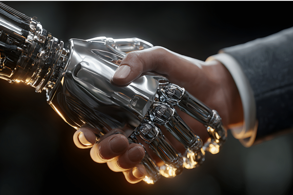 human and robot shaking hands