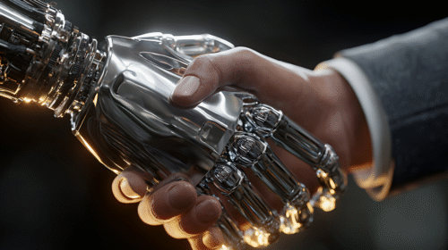 human and robot shaking hands